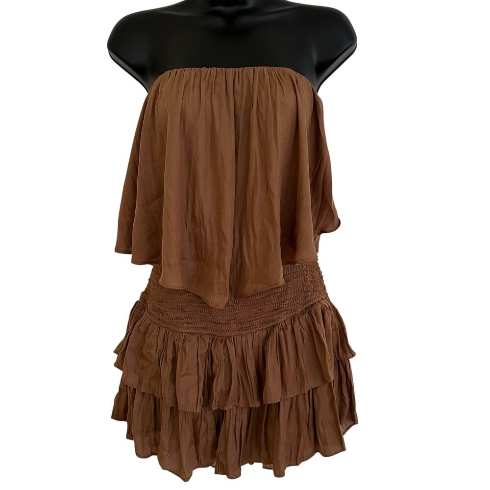 Mustard Seed Women Boho Brown Strapless Open Smocked Back Ruffle Romper Size M - Picture 8 of 8